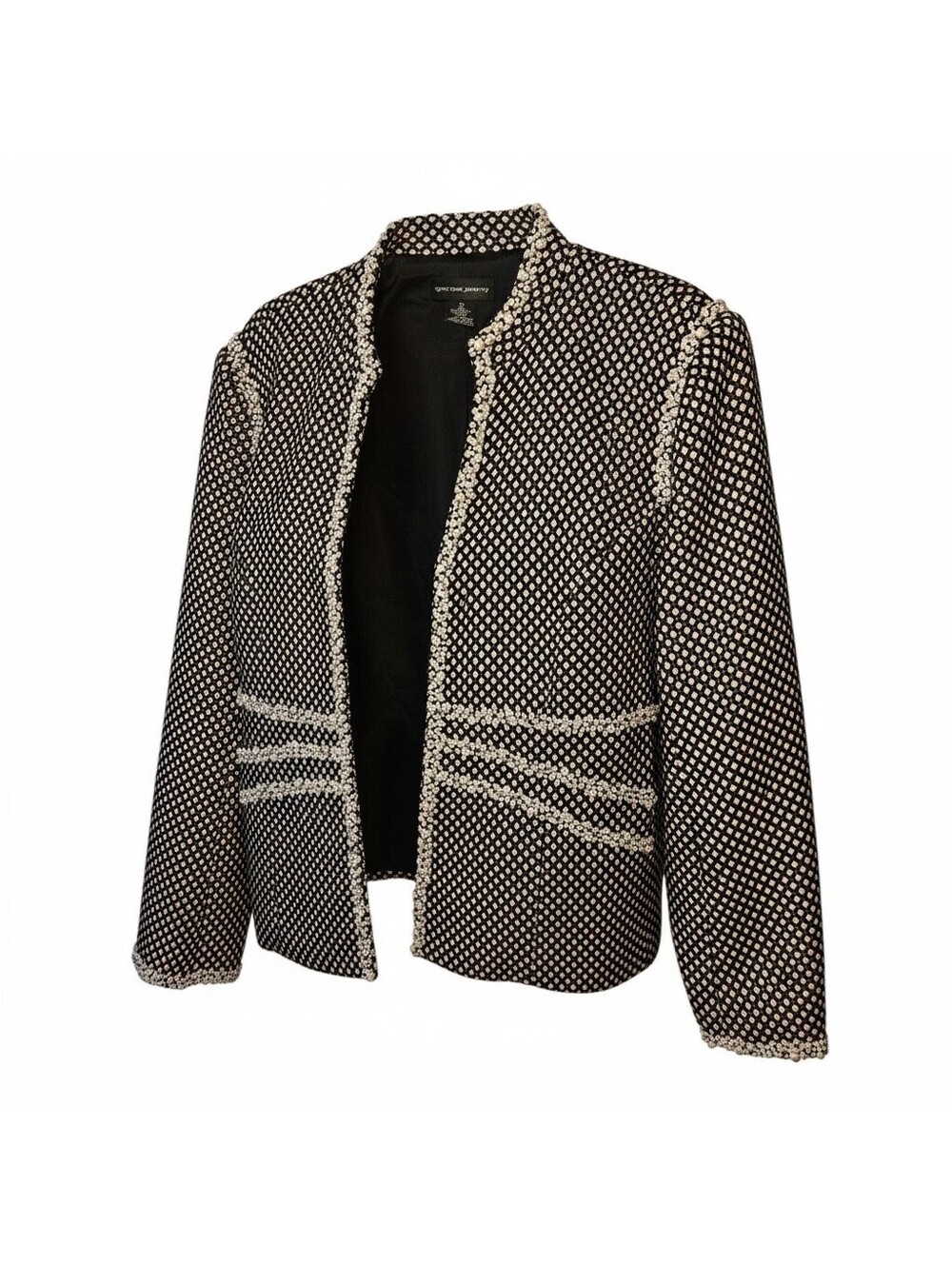 Spencer Jeremy Tweed Jacket Womens 16 Black White Pearl Trim Open Front...